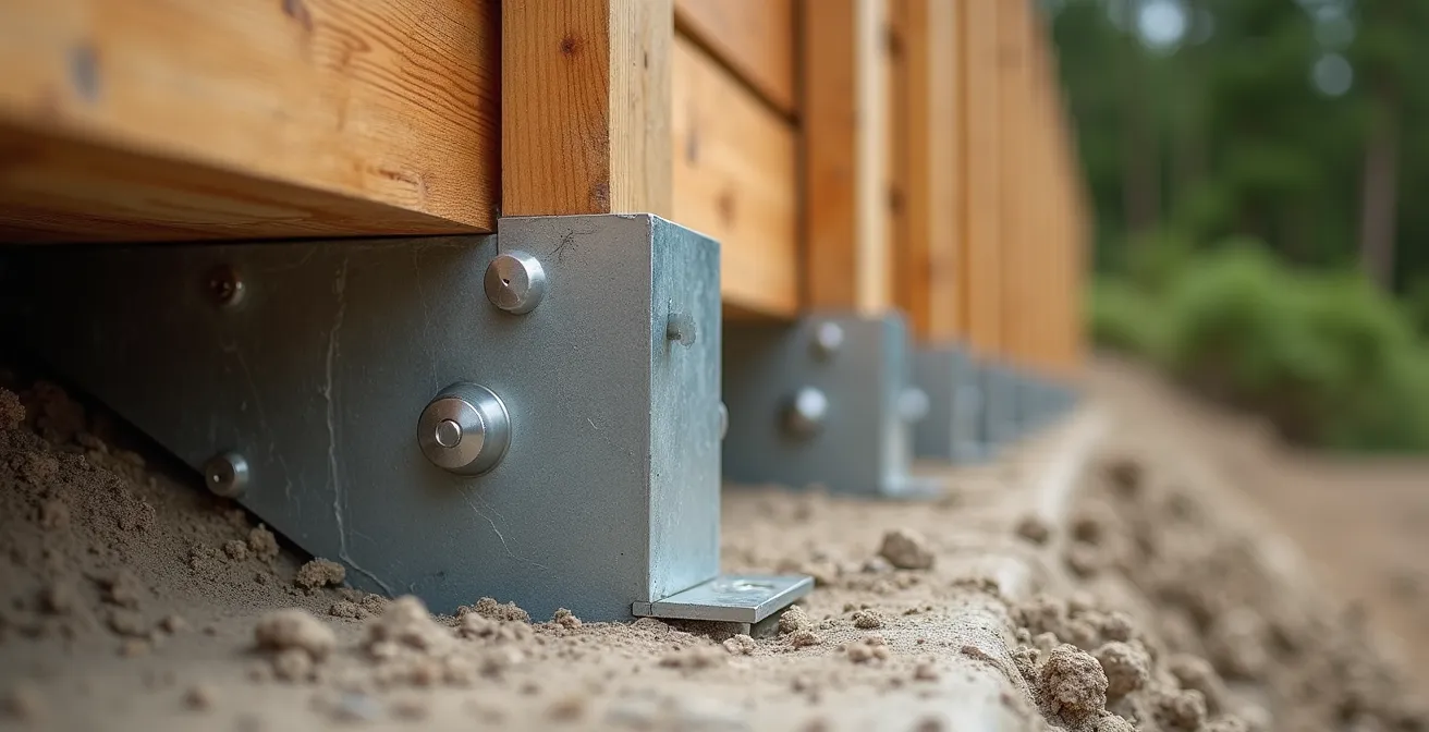 Détail photographique de fondations sur pilotis : poteaux en bois traité ancrés dans le béton, avec structure métallique galvanisée et platforme surélevée créant une architecture aérienne au-dessus d'un terrain accidenté