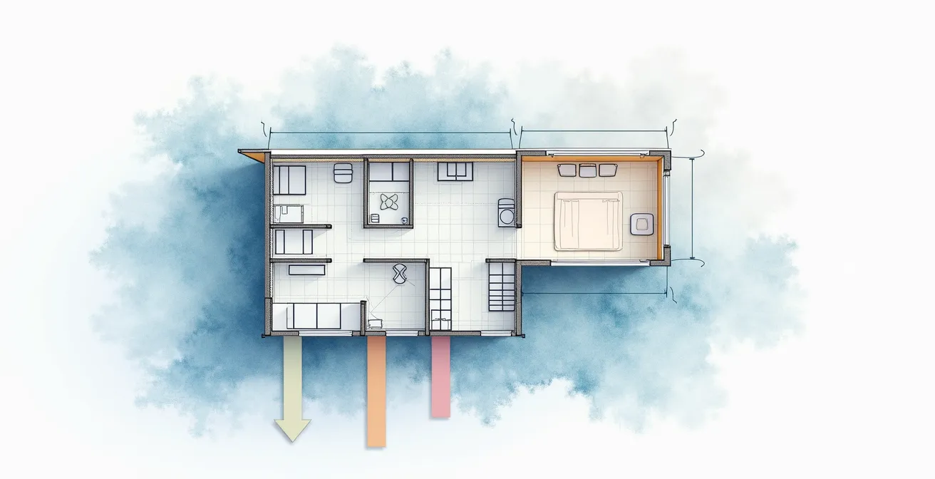 Photographie réaliste d'un plan d'architecte d'une maison en perspective, avec des flèches colorées indiquant les zones d'installation possible d'un ascenseur autoportant ou à gaine
