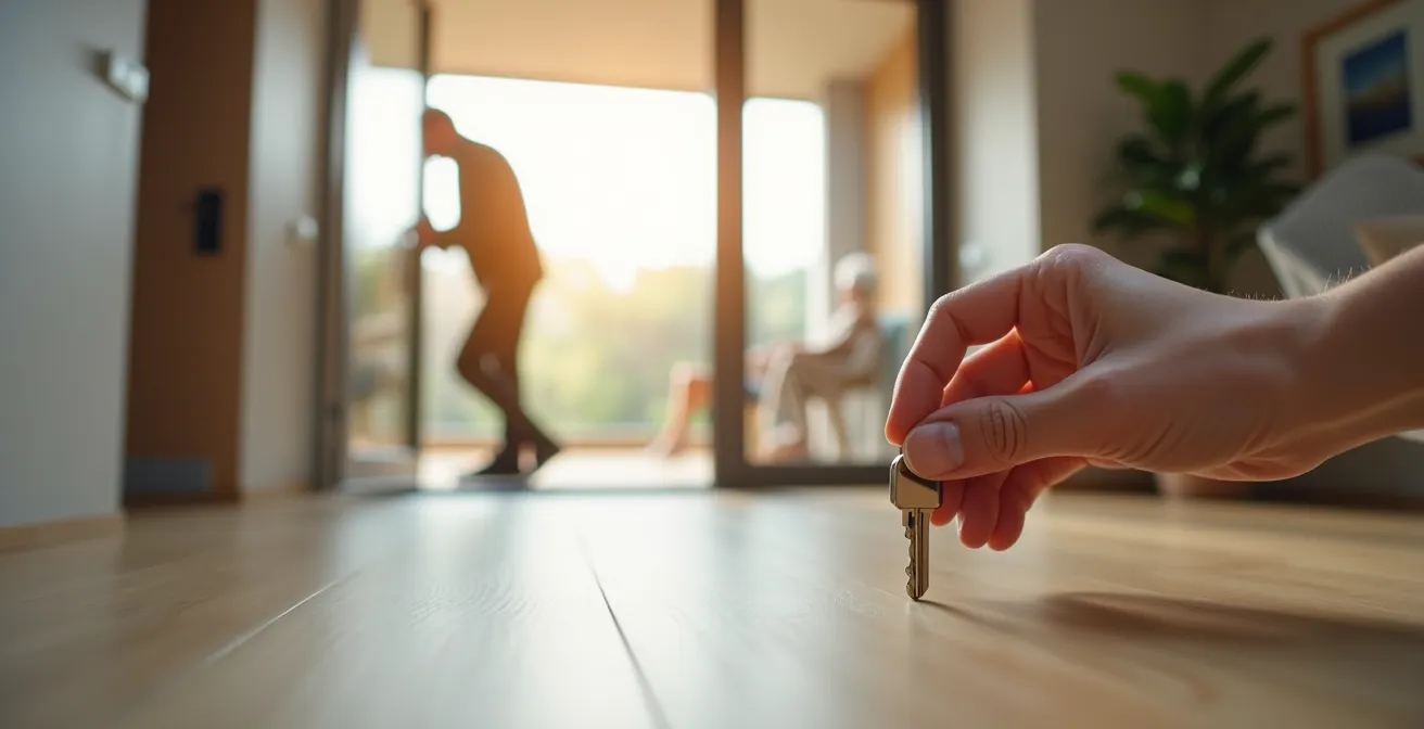 Photographie réaliste d'une main tenant une clé de maison moderne, posée sur un plancher en bois clair, avec en arrière-plan flou une silhouette d'une personne âgée utilisant un ascenseur vitré dans une maison lumineuse