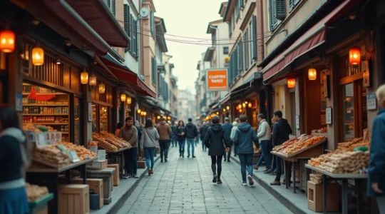Scène urbaine dynamique montrant une rue commerçante fréquentée avec commerces de proximité, habitants en interaction, lumière naturelle cinématographique et textures détaillées de façades.