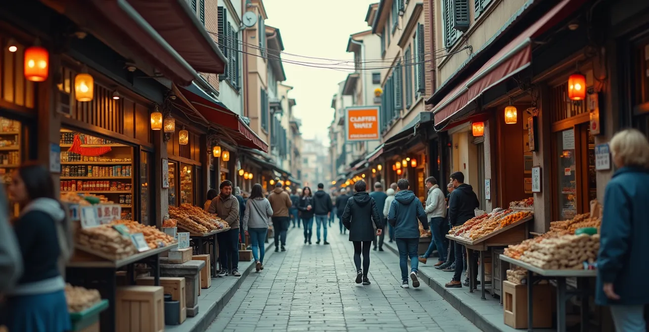 Scène urbaine dynamique montrant une rue commerçante fréquentée avec commerces de proximité, habitants en interaction, lumière naturelle cinématographique et textures détaillées de façades.
