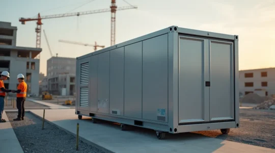 Batterie mobile de stockage d'énergie sur un chantier de construction, silencieuse et écologique, contraste avec l'environnement urbain