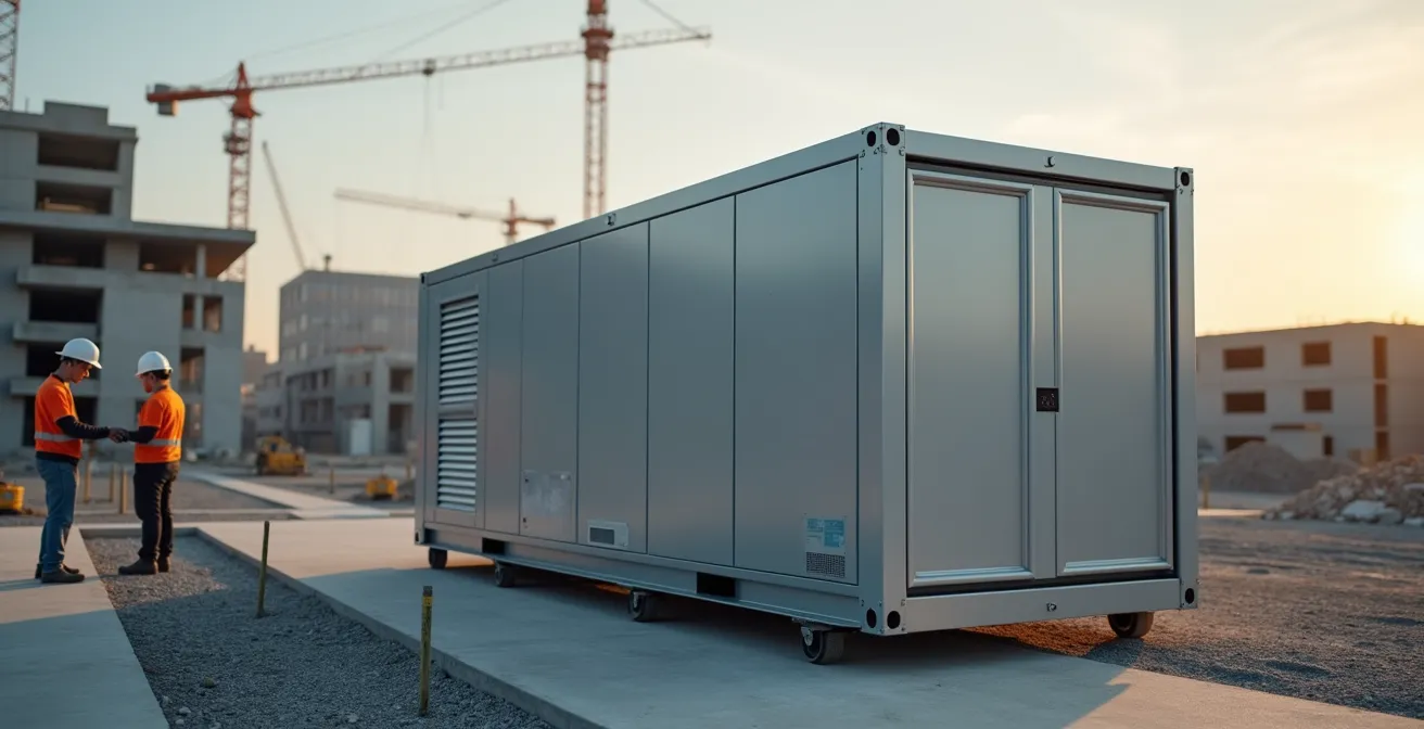 Batterie mobile de stockage d'énergie sur un chantier de construction, silencieuse et écologique, contraste avec l'environnement urbain