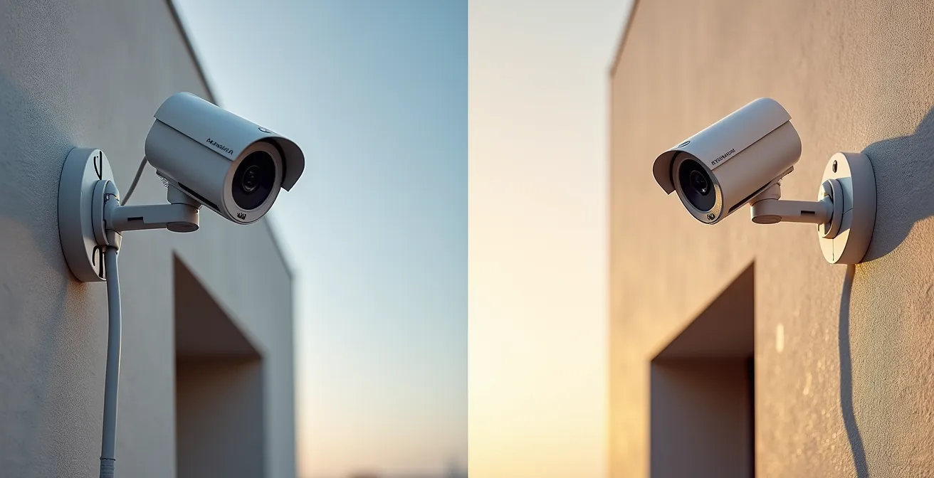 Deux scénarios d'installation côte à côte : caméra filaire avec câblage structuré et caméra sans-fil avec panneau solaire