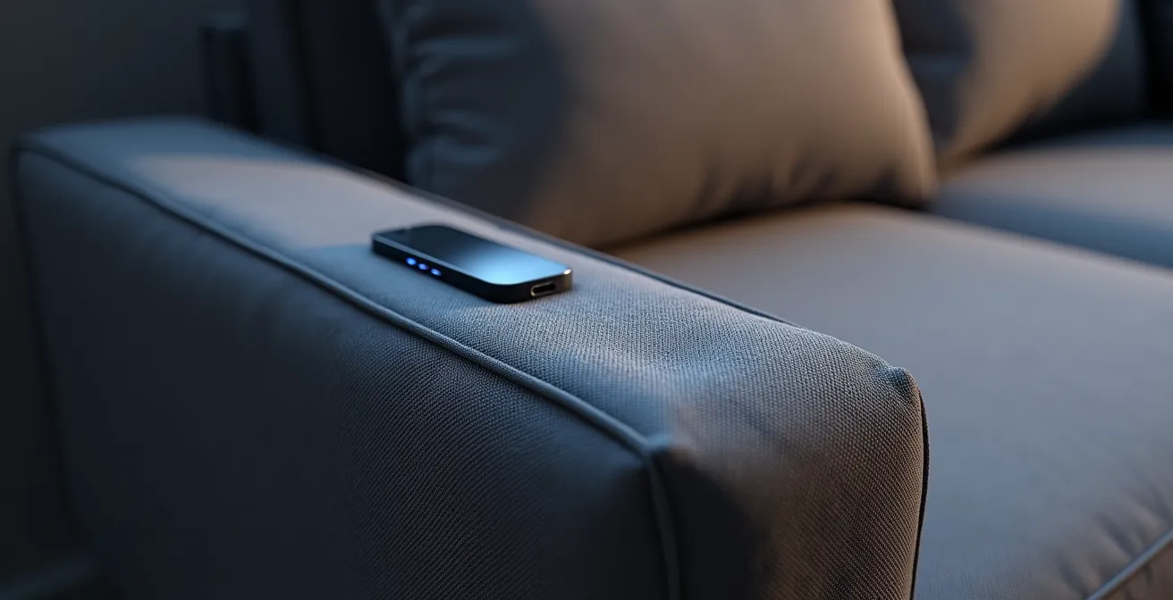 Détail macro d’un canapé connecté avec éclairage d’ambiance et port USB intégré