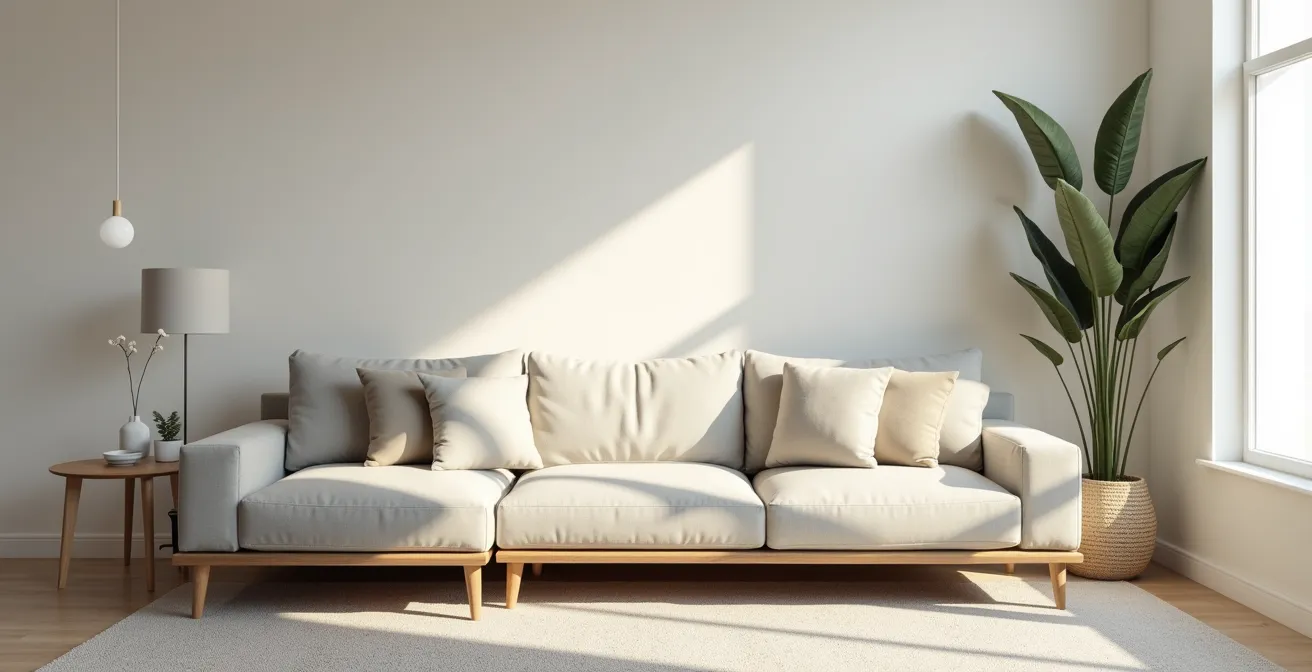 Salon minimaliste avec canapé modulable adapté à un espace restreint