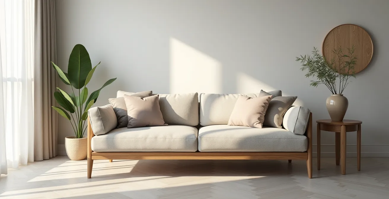 Photographie réaliste d'un canapé élégant et confortable dans un salon moderne avec éclairage naturel doux et espace négatif maîtrisé