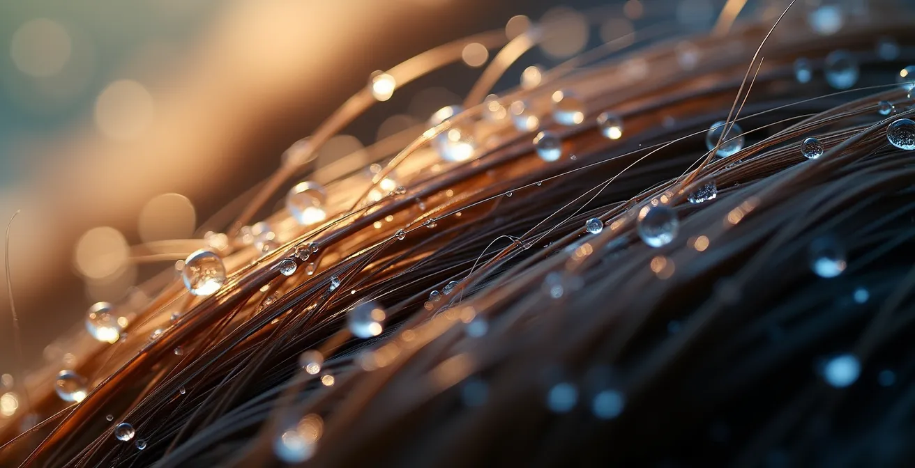 Gros plan macro de gouttes d’eau sur des mèches de cheveux prises dans une lumière douce