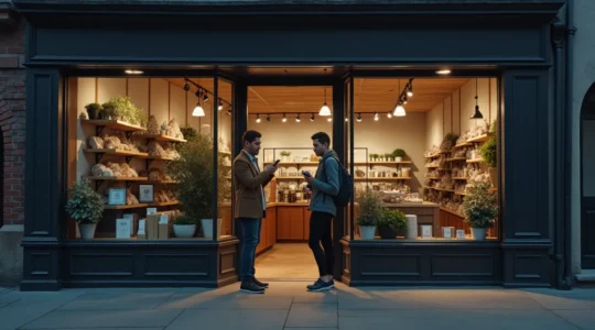 Photographie réaliste d'une petite entreprise locale avec un client utilisant un smartphone, montrant une interaction fluide entre expérience digitale et service sur site