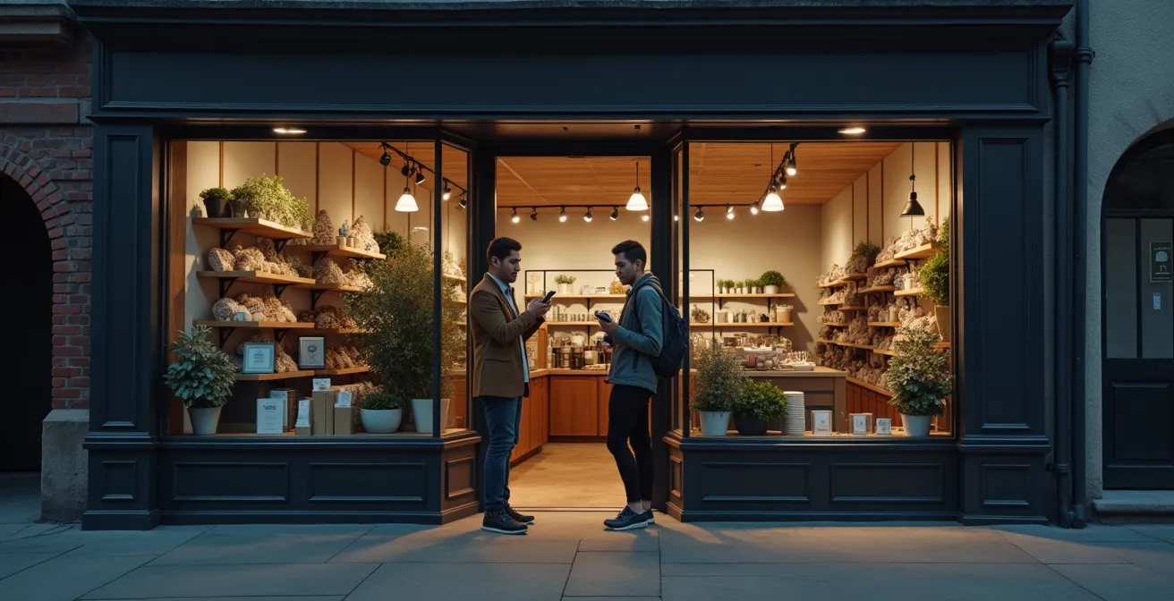 Photographie réaliste d'une petite entreprise locale avec un client utilisant un smartphone, montrant une interaction fluide entre expérience digitale et service sur site