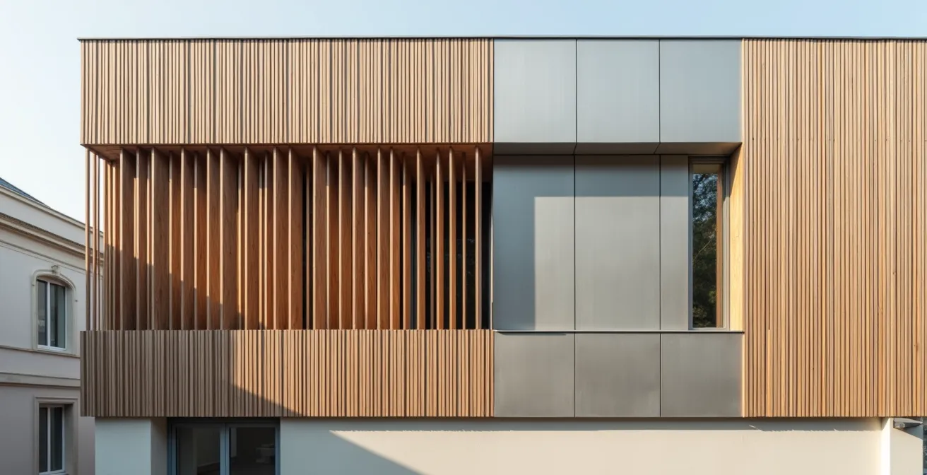 Gros plan sur une façade contemporaine : bardage bois vertical associé à panneaux de zinc brillant sur volume cubique inférieur, détails de claustras ajourés en bois créant ombre et lumière, enduit textué en contraste
