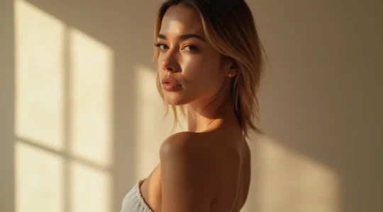 Femme vêtue d'une robe dos nu, portant un soutien-gorge invisible adapté, incarnant élégance et confiance