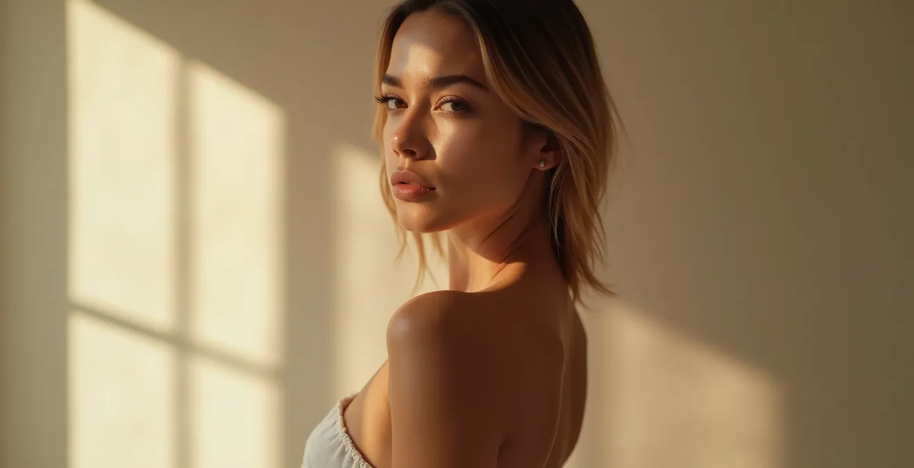 Femme vêtue d'une robe dos nu, portant un soutien-gorge invisible adapté, incarnant élégance et confiance