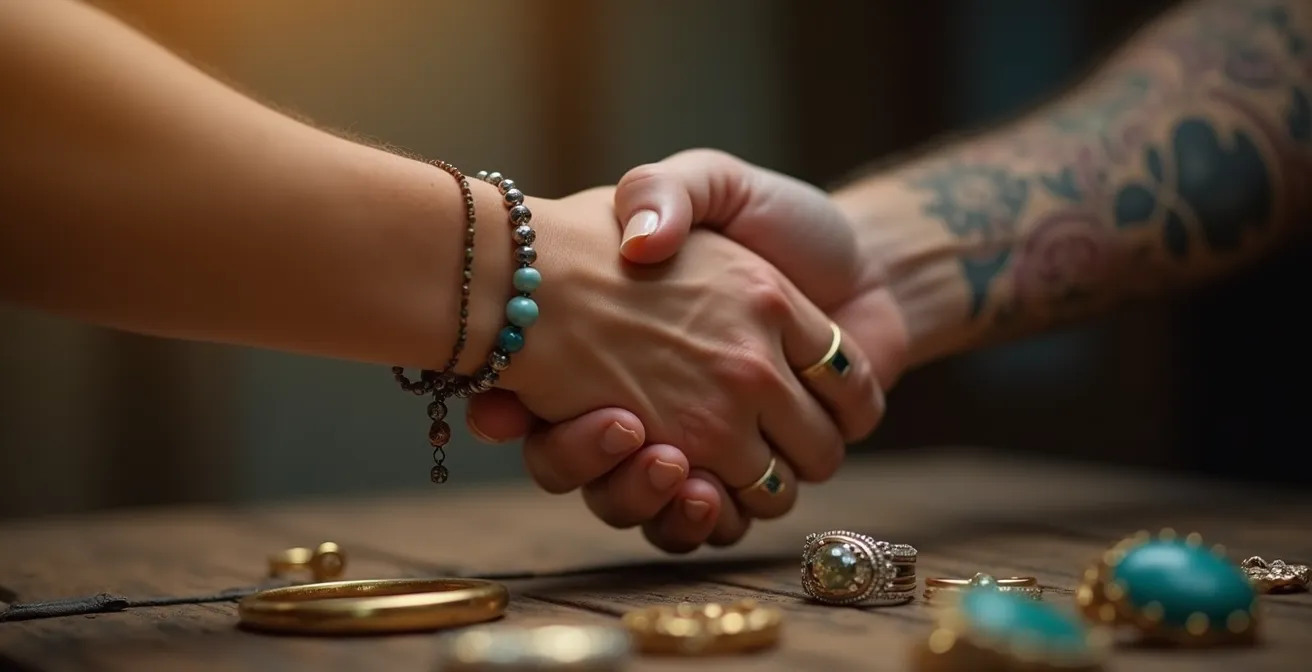 Illustration conceptuelle montrant des mains serrant une poignée de main devant des bijoux en création