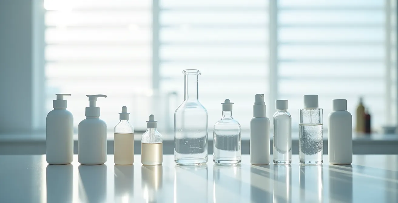 Espace de laboratoire minimaliste avec verrerie et flacons neutres éclairés par lumière diffuse