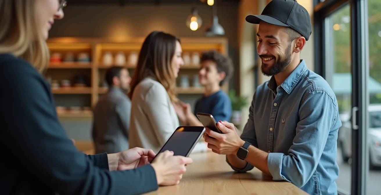 Main d'un client utilisant un smartphone face à un commerçant dans un environnement de boutique locale