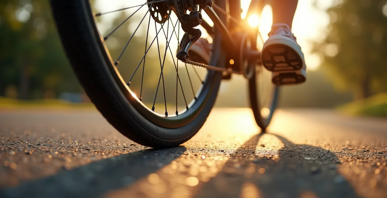 Gros plan dynamique sur une roue de vélo en mouvement sur piste cyclable urbaine, accent sur textures, pas de texte.