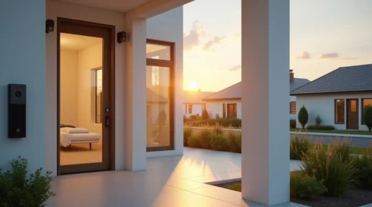 Maison connectée avec système de surveillance sans fil intégré, vue d'ensemble extérieure moderne