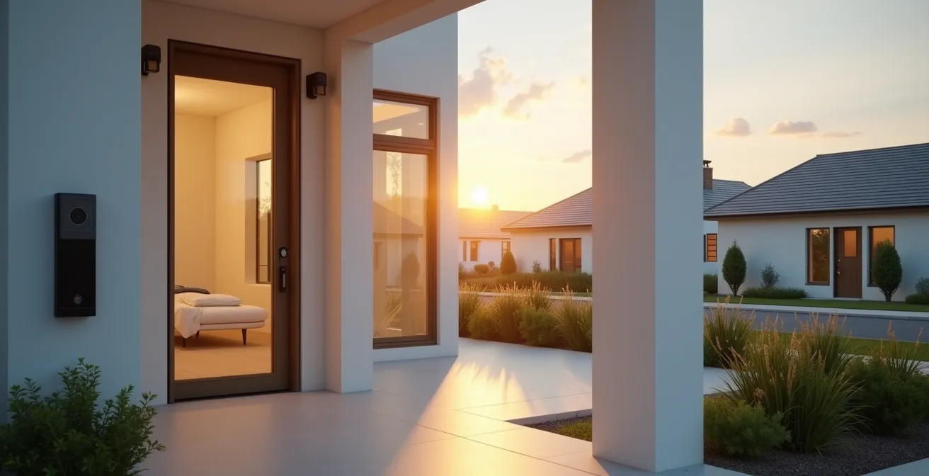Maison connectée avec système de surveillance sans fil intégré, vue d'ensemble extérieure moderne