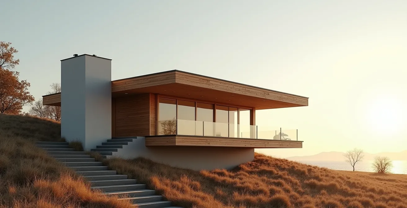 Maison contemporaine en ossature bois avec large baie vitrée, bardage mixte bois et enduit, implantée sur terrain en pente avec architecture aérienne
