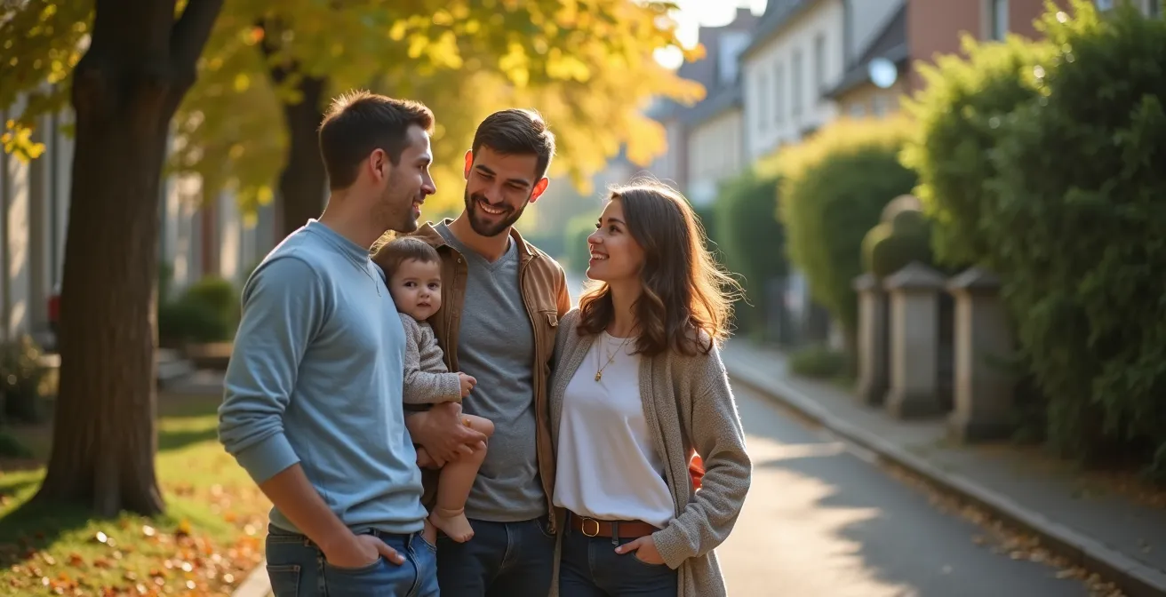 Portrait expressif d’un groupe familial et d’un jeune actif sur fond de quartier résidentiel arboré, aucun texte ni logo.