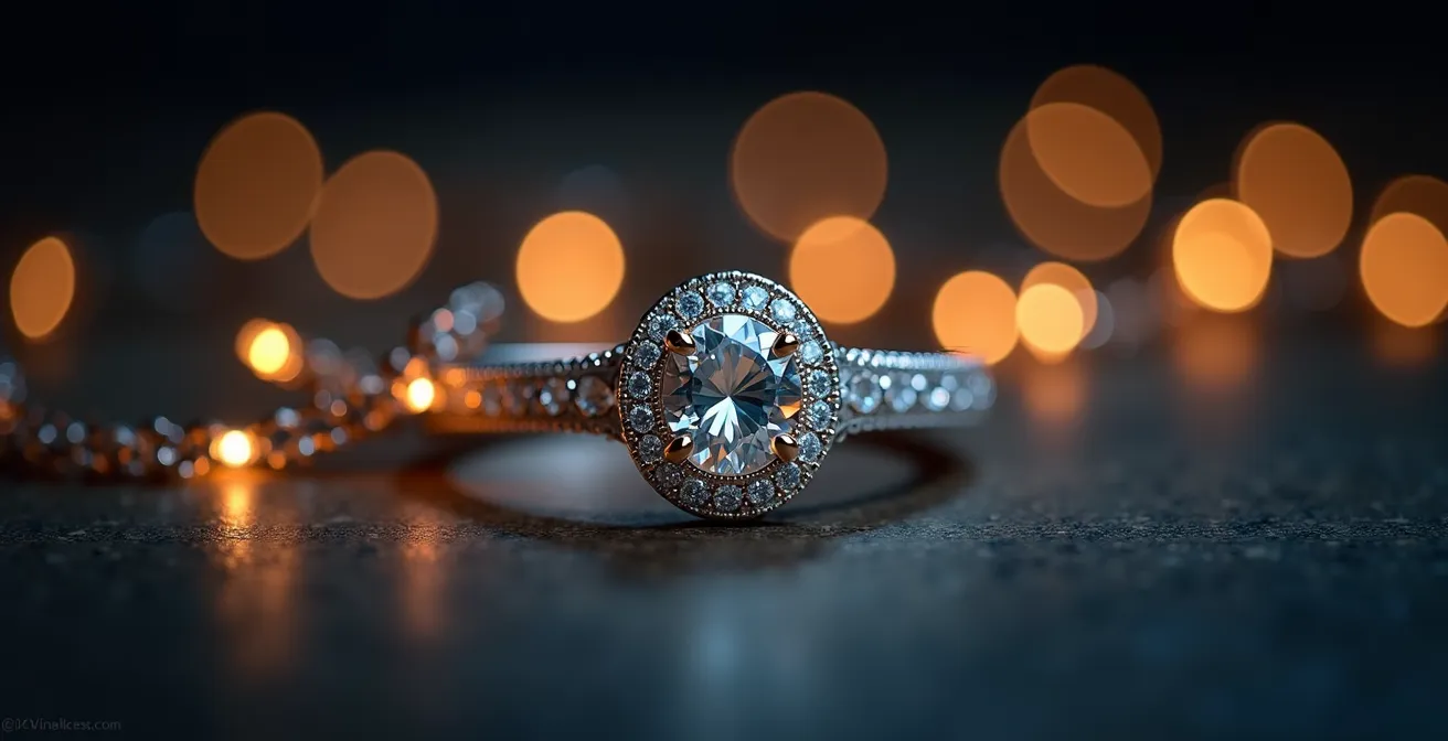 Image symbolique d'un bijou entouré de chaînes lumineuses symbolisant la protection juridique