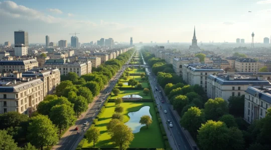 Scène panoramique représentant plusieurs quartiers de Saint-Herblain avec un contraste entre nature, habitat résidentiel et bâtiments modernes ; aucun texte, logo ni élément lisible.