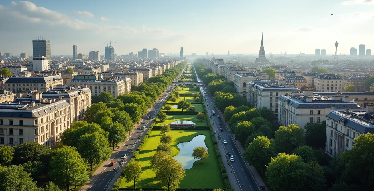 Scène panoramique représentant plusieurs quartiers de Saint-Herblain avec un contraste entre nature, habitat résidentiel et bâtiments modernes ; aucun texte, logo ni élément lisible.