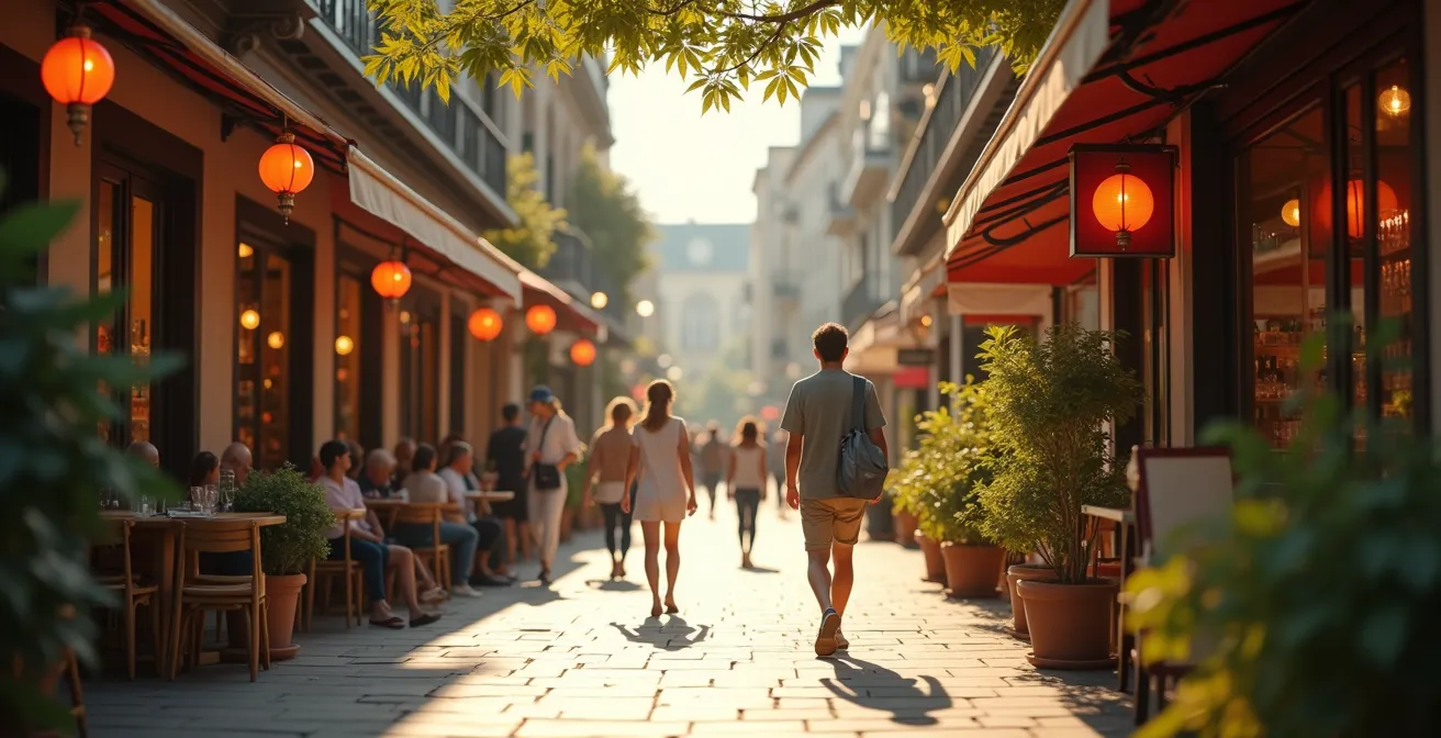 Rue piétonne animée en centre-ville avec commerces ouverts, terrasses et végétalisation
