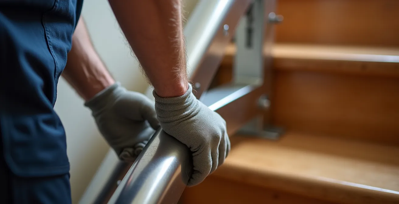 Technicien qualifié réalisant l'installation précise d'un monte-escalier avec outils spécialisés