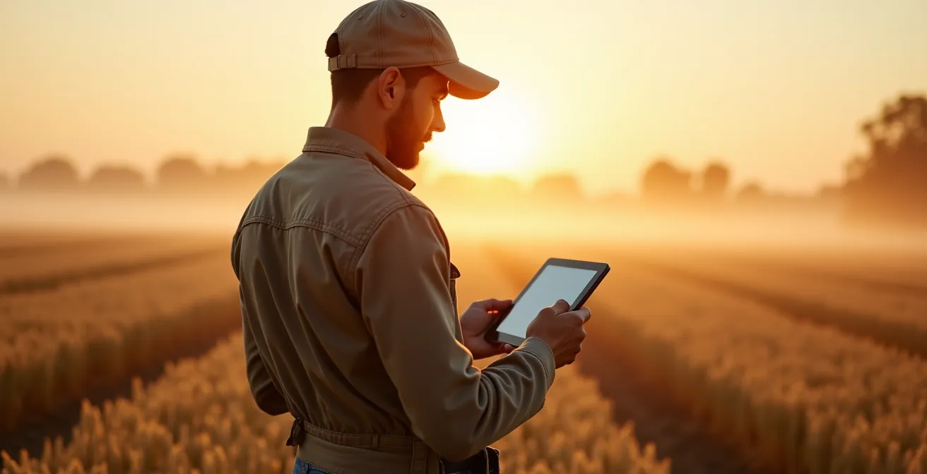 Agriculteur consultant une tablette dans son champ au lever du soleil