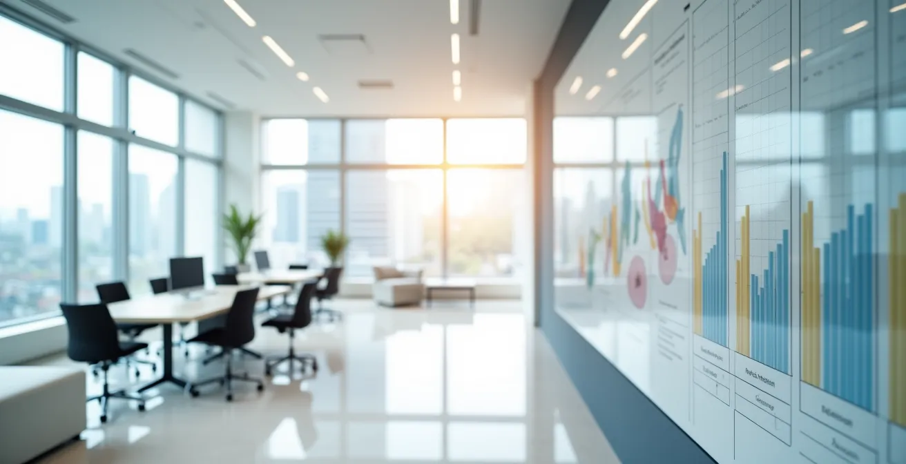 Vue d'ensemble d'un espace de travail moderne avec outils d'analyse énergétique