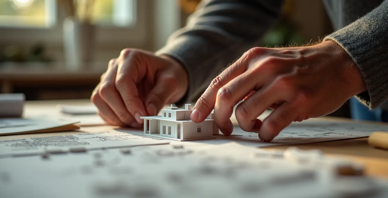 Main d'architecte corrigeant des perspectives sur un projet