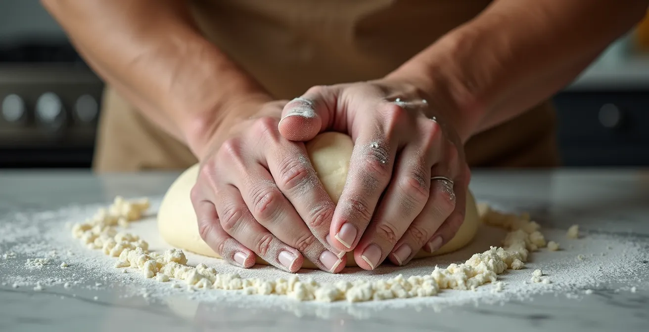 Vue macro des mains sur un plan de travail montrant les tensions musculaires