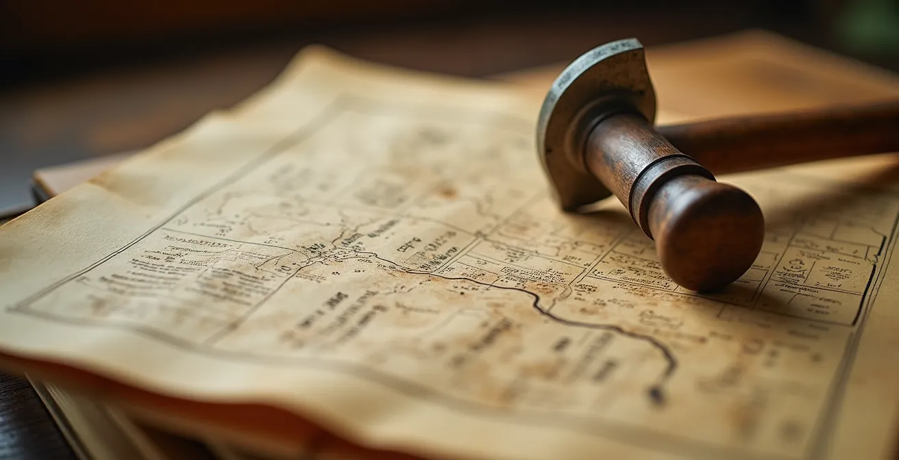 Gros plan sur des documents d'archives immobilières centenaires avec cartes anciennes d'Hossegor