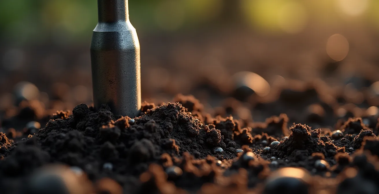 Vue macro d'un capteur d'humidité dans le sol avec racines végétales