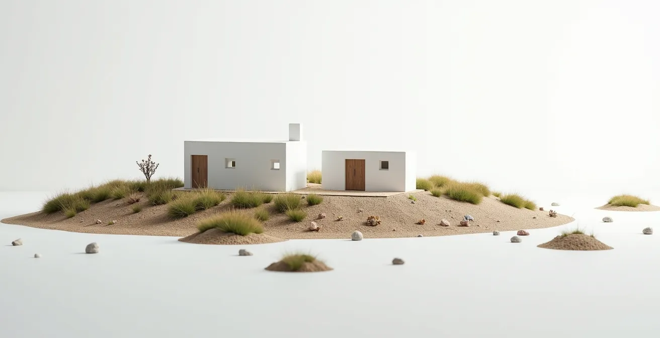 Vue aérienne épurée montrant l'intégration d'un projet dans son environnement naturel