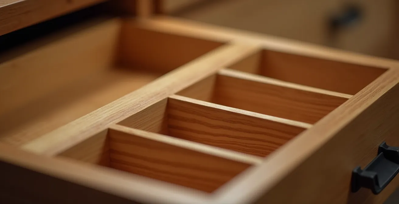 Gros plan sur des tiroirs en bois avec compartiments organisés