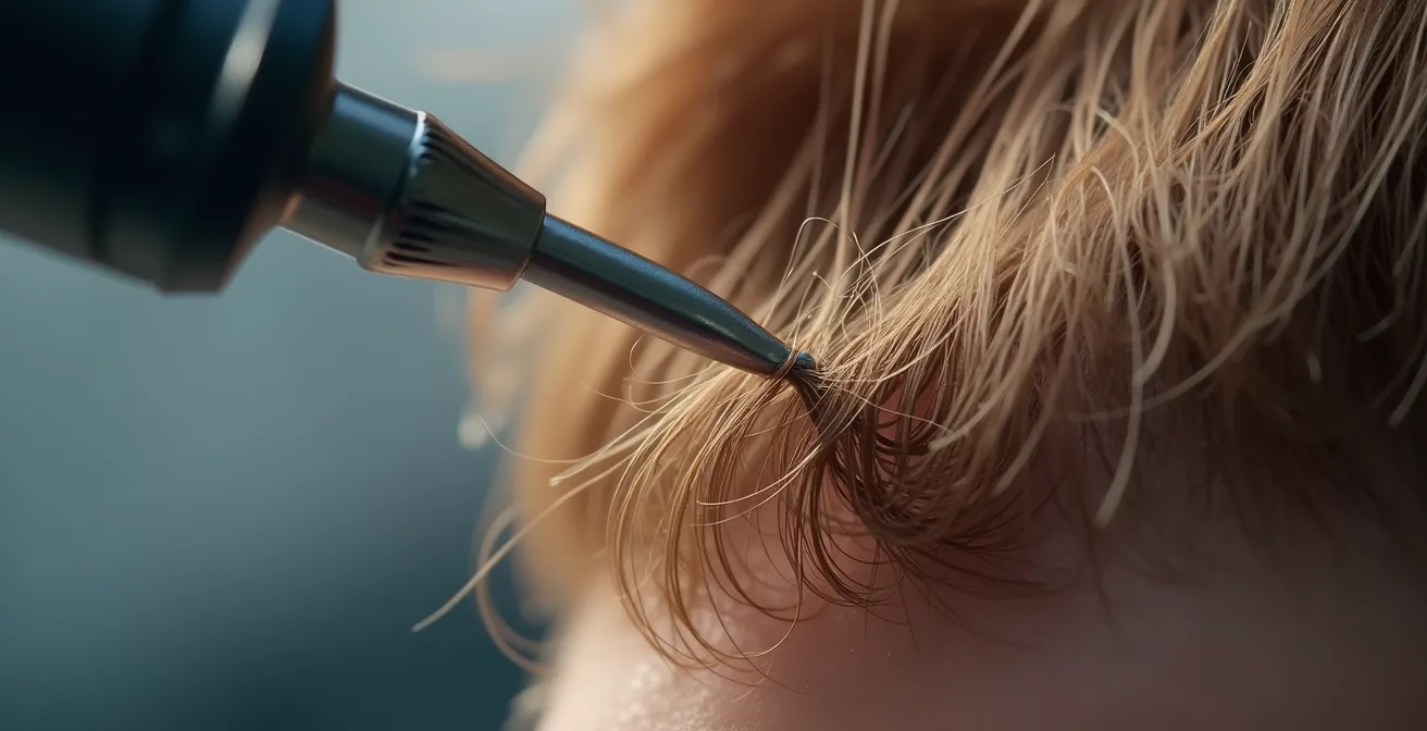 Gros plan sur l'analyse microscopique d'une mèche de cheveux avec texture et brillance naturelles