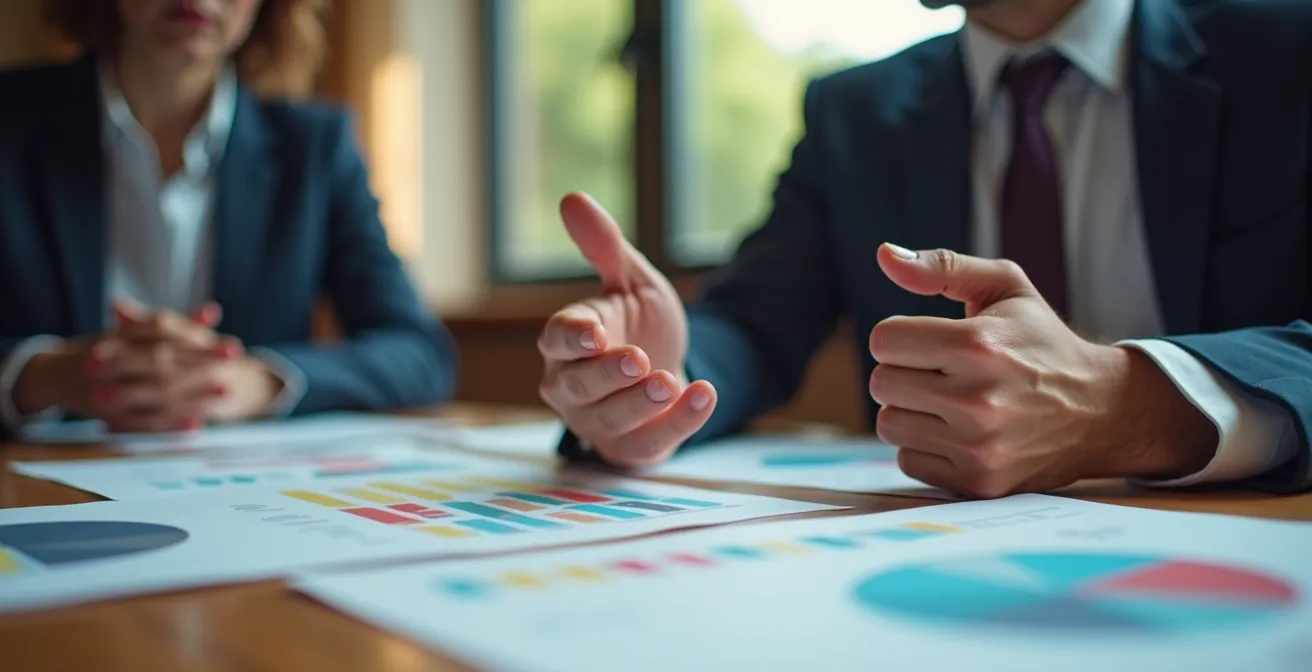 Dirigeant de PME en discussion avec conseiller énergie autour d'une table de réunion