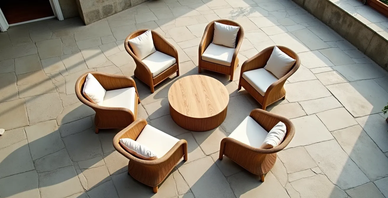 Vue aérienne d'un salon de jardin disposé en cercle avec des fauteuils en rotin, créant un espace intime de conversation