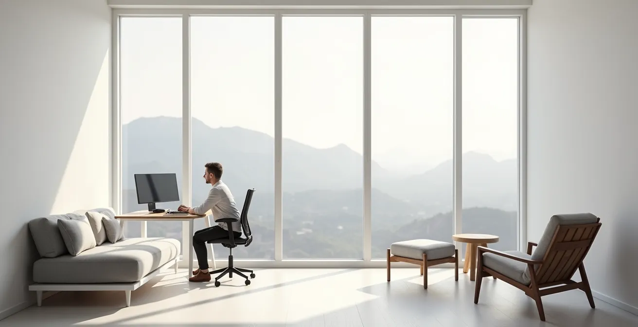 Espace de travail minimaliste avec séparation claire entre zone repos et zone travail