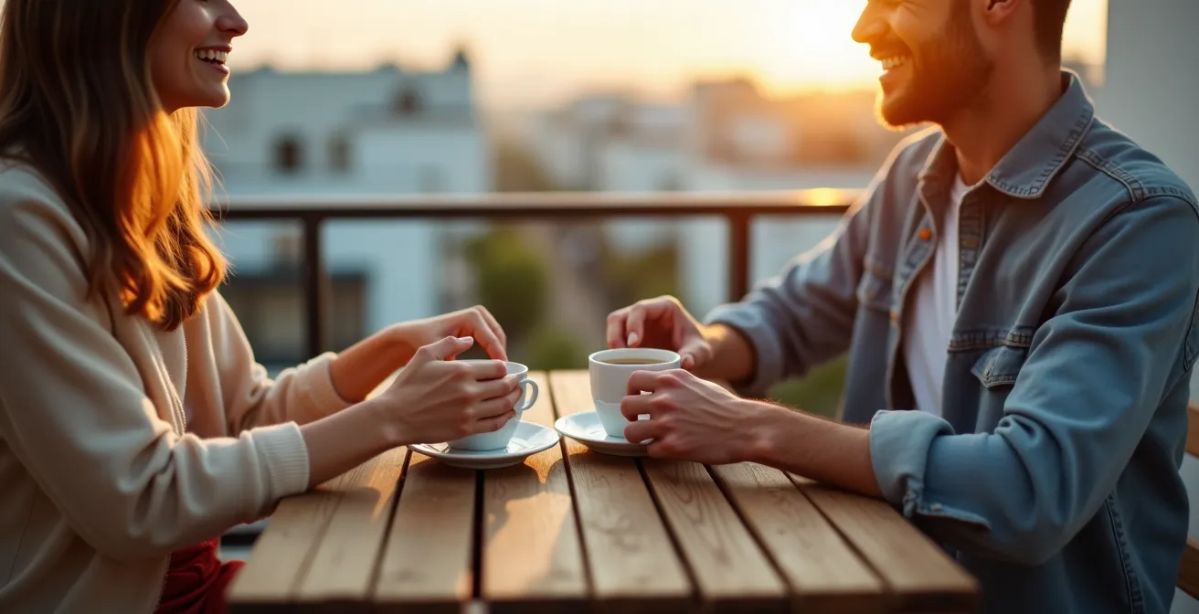 Couple prenant le café sur une petite terrasse avec mobilier compact