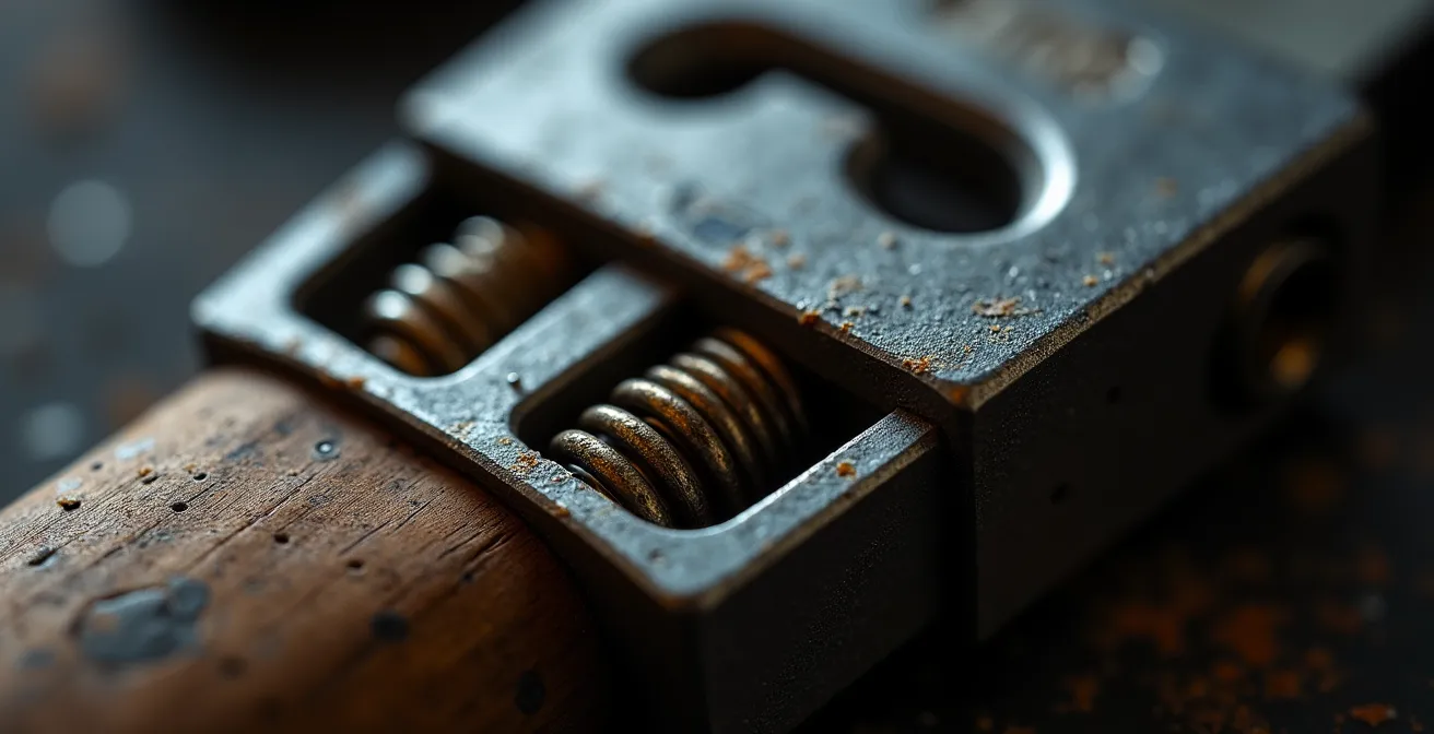 Vue macro d'un mécanisme de serrure avec éclairage dramatique