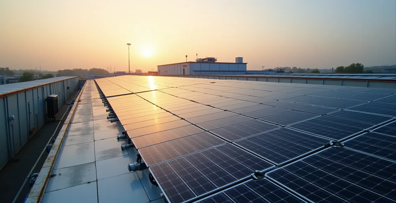 Vue aérienne de panneaux solaires sur toiture d'entreprise avec environnement industriel