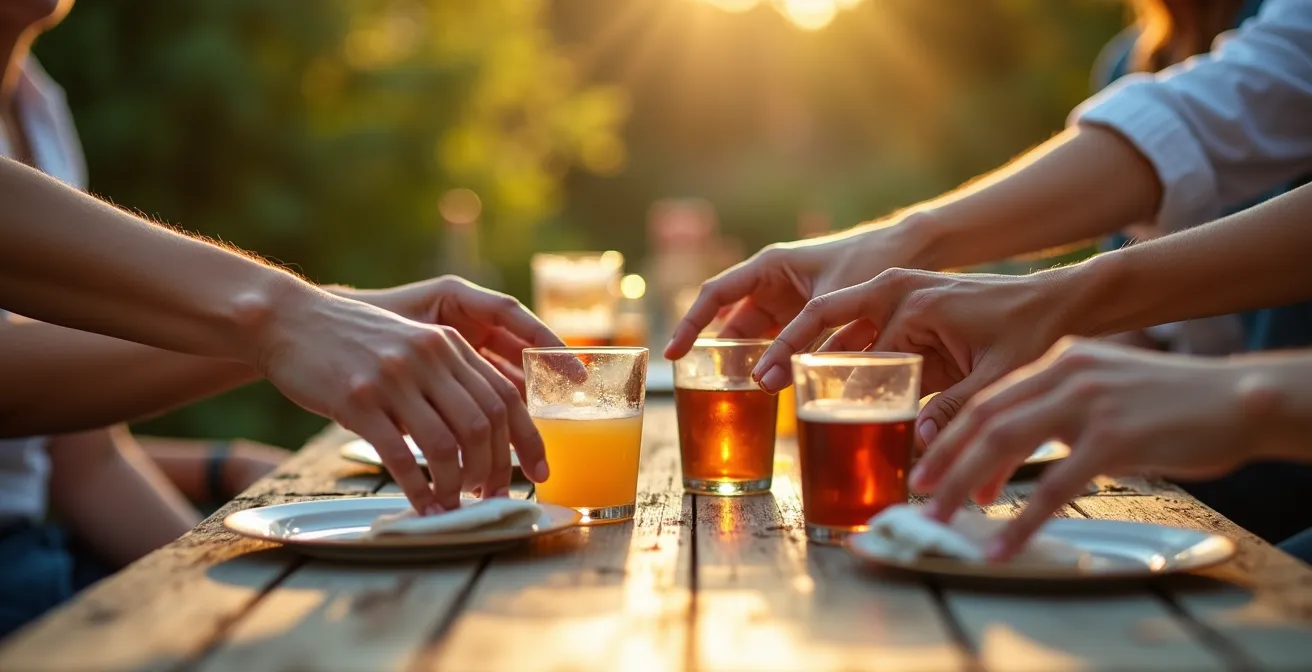 Gros plan sur plusieurs mains de générations différentes rassemblées sur une table en bois de jardin, lumière chaude du soir
