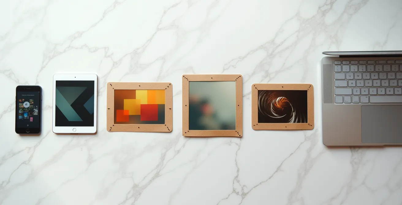 Montage créatif montrant des photos de famille sur différents écrans modernes