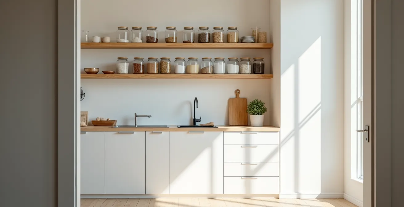 Vue d'ensemble d'une cuisine épurée avec zones de rangement visibles et organisées