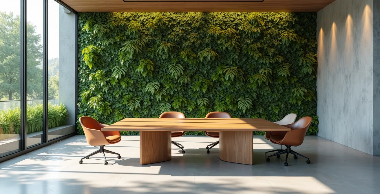 Vue architecturale épurée d'un espace de réunion moderne avec végétation intégrée