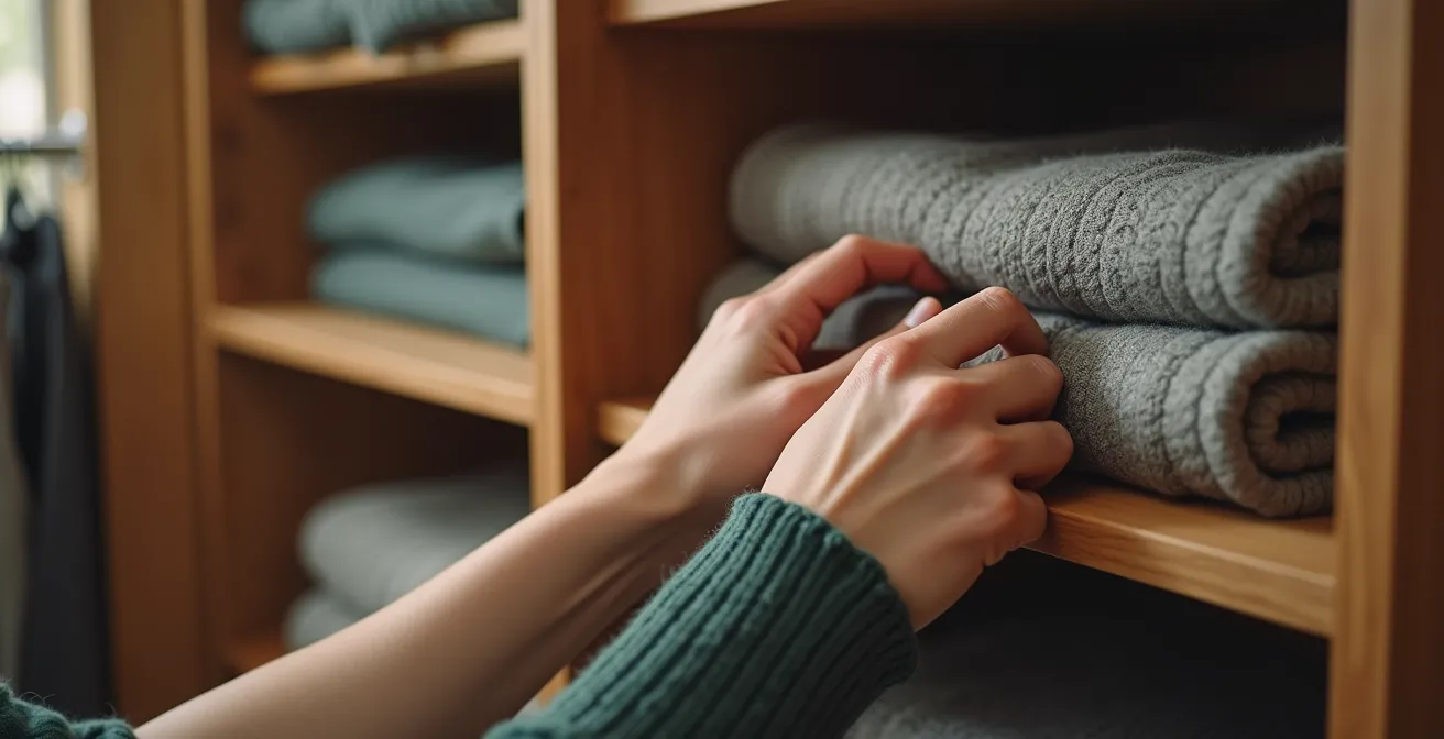 Mains organisant des vêtements dans un dressing moderne